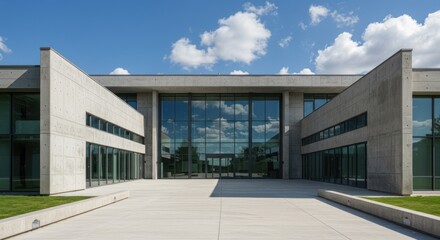 Modern building exterior with glass windows and concrete facade under a blue sky.