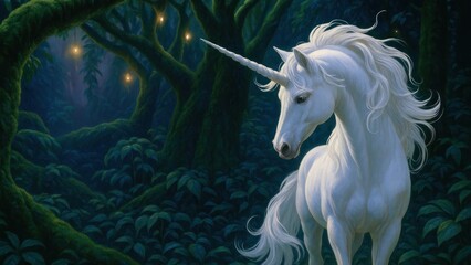 Mystical unicorn in enchanted forest.