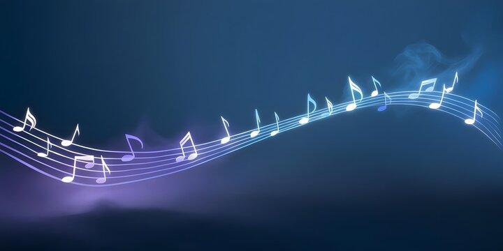 A fluid wave of glowing musical notes drifting through a deep blue mist, creating an ethereal, dreamlike rhythm.