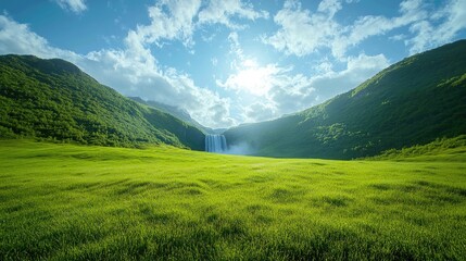 Obraz premium Lush valley scene with waterfall and bright sunlight.