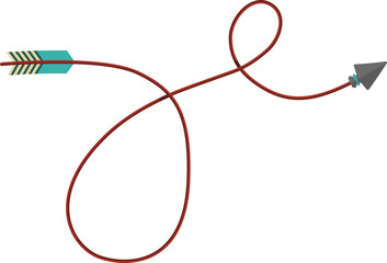 Curved graphic path, shaped like a tribal arrow with tip and feather traveling along paths of different geometric shapes, one big loop and one small loop