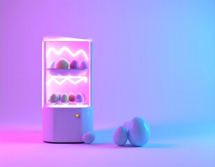 Neon Lit Display Cabinet Showcasing Colorful Eggs On Gradient Background