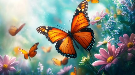 Orange butterflies flutter amidst colorful flowers in a bright, vibrant garden setting with a soft, dreamy aesthetic.