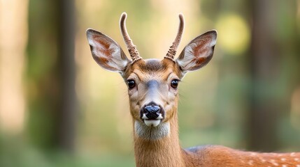 Fototapeta premium Close-Up Portrait of a Young Deer with Antlers in Natural Habitat