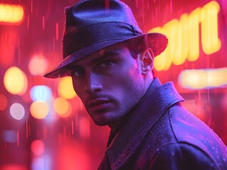Classic film noir detective in a neon lit cityscape