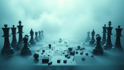 Strategic chess game in smoky blue atmosphere symbolizing challenge and strategy.