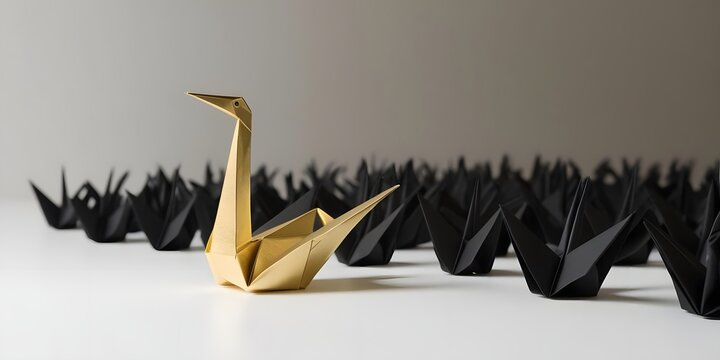 A single gold paper crane resting among hundreds of black origami birds, as if it were the only one who dared to be different.
