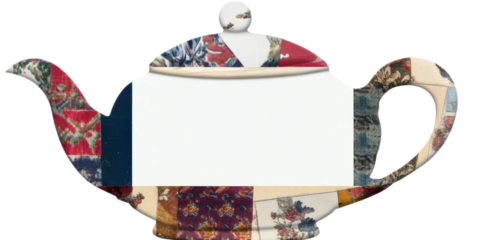 Teapot silhouette, vintage fabric patchwork ornament, cut out transparent