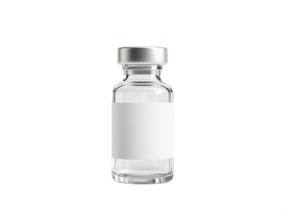 Clear glass vial with silver cap and blank label for customizable contents, isolated on transparent background, png