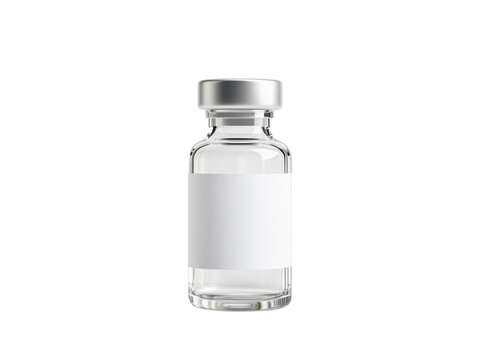 Clear glass vial with silver cap and blank label for customizable contents, isolated on transparent background, png