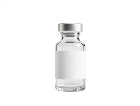 Clear glass vial with silver cap and blank label for customizable contents, isolated on transparent background, png