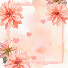 minimalist romantic frame of watercolor dahlias and pink glitter hearts, soft pastel tone