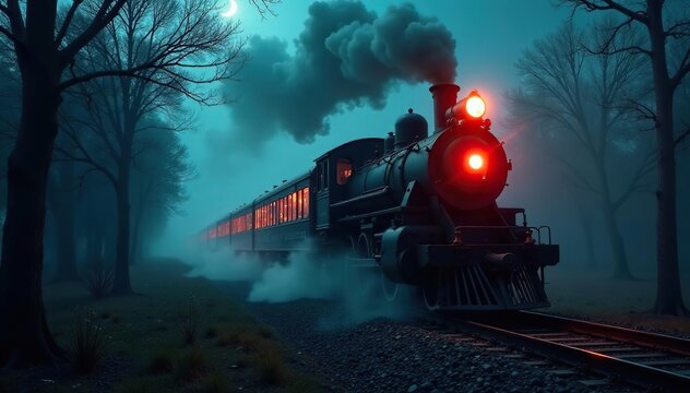 Spooky ghost train ride at night, dark and mysterious, foggy atmosphere , haunted train ride, scary, railway