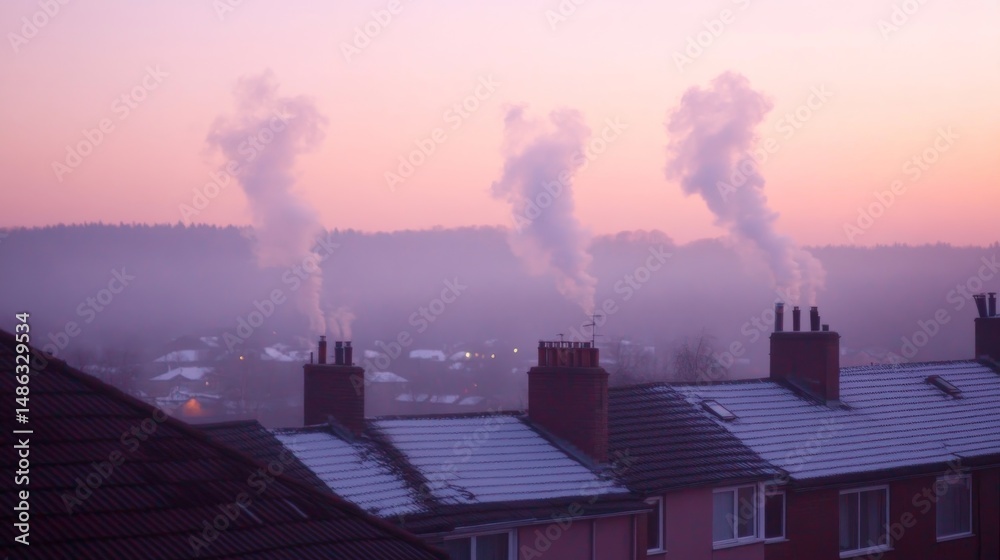 Poster smoke rises gently from chimneys on cottage rooftops in a fog-draped countryside, creating a tranqui