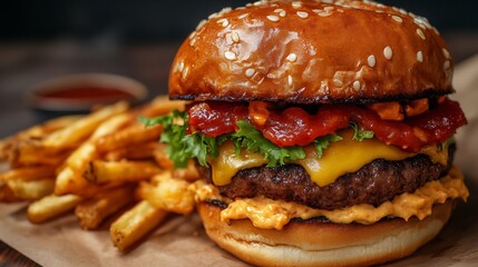 A cozy late night burger setup featuring premium fast food combos with signature burgers and loaded fries overlay cut out on isolated transparent removed background