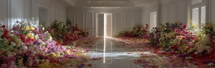 beautiful interior full of flowers onthe floor for a wedding 