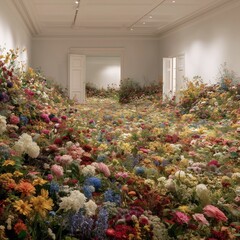 beautiful interior full of flowers onthe floor for a wedding 
