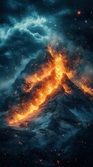Obraz premium Fiery mountain peak erupting with blazing flames against a stormy sky