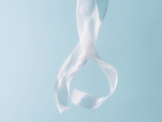 A white ribbon hangs out-of-focusing from above against a light blue background in a purple accent color. The image is photorealistic, with white lights captured through professional studio shots, all