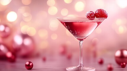 Pink cocktail sits in a glass garnished with raspberries against a bokeh background.