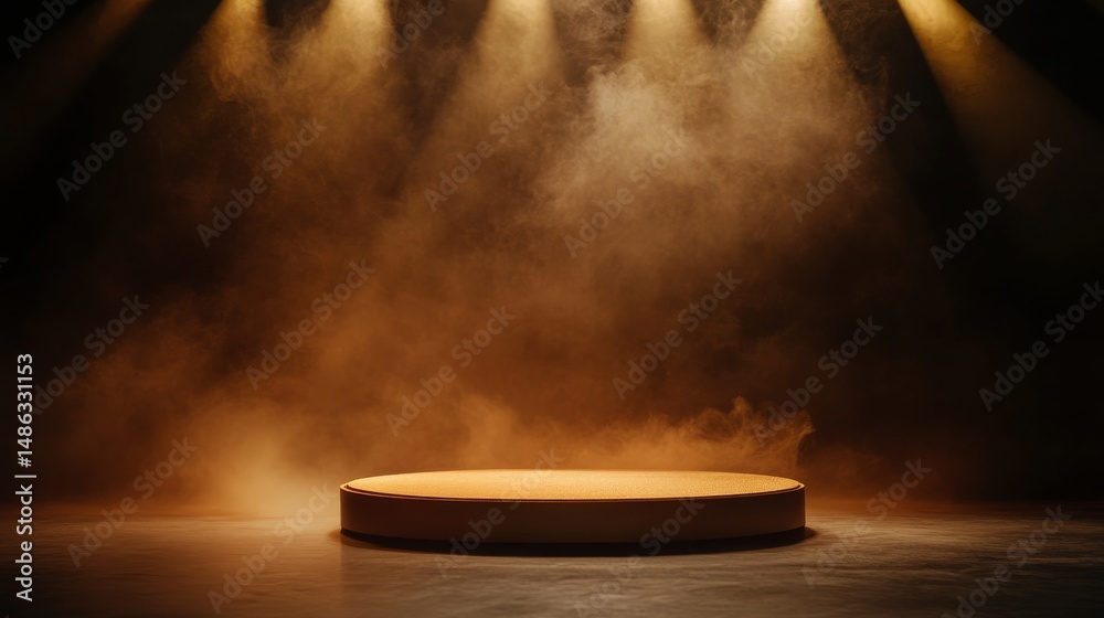Aufkleber gold podium platform stands in a dark environment, illuminated by soft spotlight beams, surrounded b