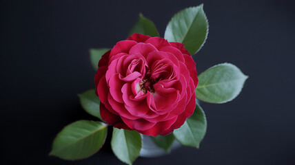 Fototapeta premium Top view of a blooming red rose placed diagonally with visible leaves, featuring dramatic yet natural contrast on a pure black canvas