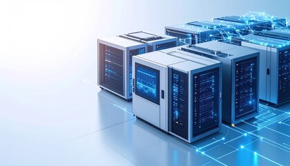 Server farm cabinets, white, with blue displays and networking lines