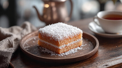 Light coconut cake served on wooden plate with tea and teapot  