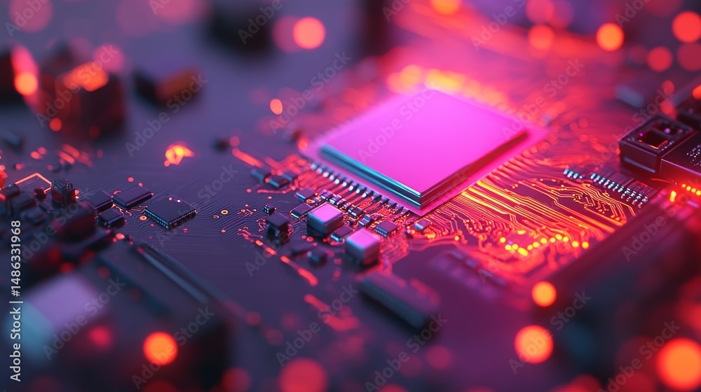 Poster high-tech motherboard features glowing circuits and microchips in a close-up shot, showcasing intric
