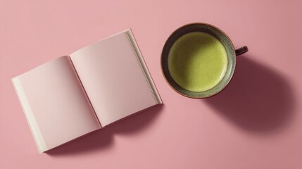 Open book and matcha latte on a pink background