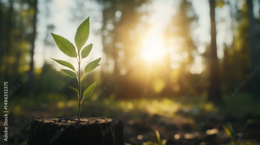 Poster a small sapling with fresh green leaves emerges from a weathered tree stump, illuminated by sunlight