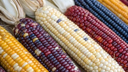 Colorful Decorative Indian Corn Close-Up.  Close-up of multicolored Indian corn ears, showcasing vibrant kernels in red, yellow, white, and purple tones for autumn decor