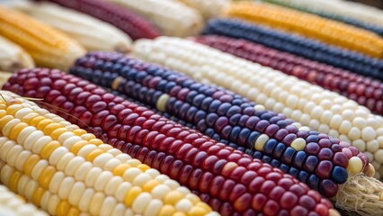 Colorful ornamental corn cobs for autumn decor. Close-up of multicolored decorative corn cobs arranged in rows, ideal for fall harvest themes or seasonal background imagery