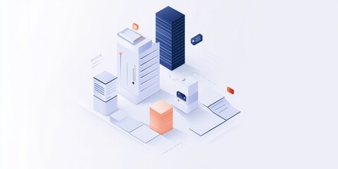 minimal white background, compatible to portfolio landing page, overcome hardness, infographic illustration little grey structure(very small) on the right corner very small and minimalistic 