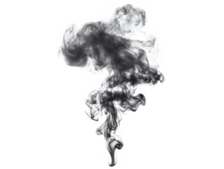 Black smoke swirling in abstract shape on white background for artistic purposes, isolated on transparent background, png