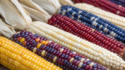 Colorful heirloom corn varieties close-up. Macro shot of multicolored heirloom corn cobs, showcasing diverse kernels in red, blue, yellow, and white shades, perfect for harvest themes