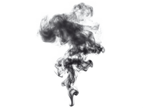 Black smoke swirling in abstract shape on white background for artistic purposes, isolated on transparent background, png - Powered by Adobe