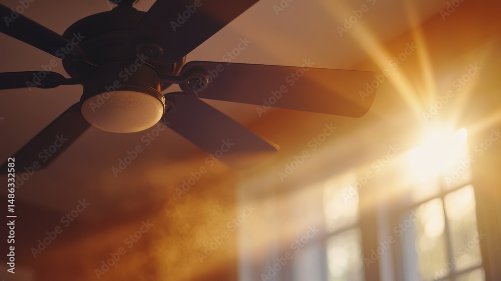 Poster Sunlight streams through the window, illuminating a rotating ceiling fan and making dust particles dance, creating a peaceful indoor vibe