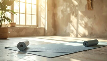 Sunny room's yoga mat, plant, window. Textured wall & sunlight create a peaceful scene