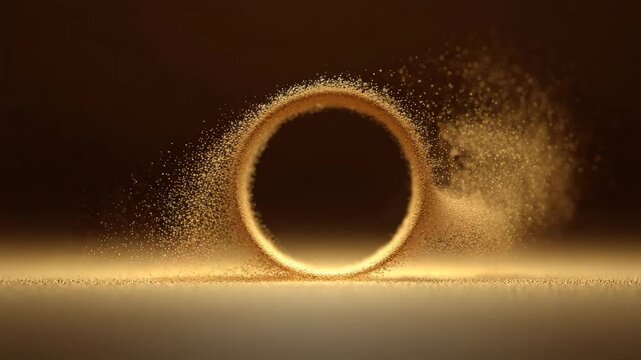 Golden circular particles swirl on a dark brown background. The ring is formed of sand like material, with particles dispersing. This creates a mystical atmosphere. The lighting is subtle and warm.