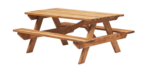 Wooden picnic table with rustic design suitable for outdoor dining and gatherings, isolated on transparent background, png