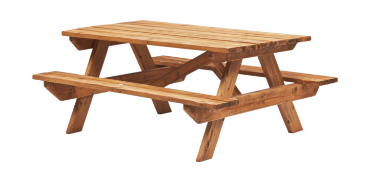 Wooden picnic table with rustic design suitable for outdoor dining and gatherings, isolated on transparent background, png