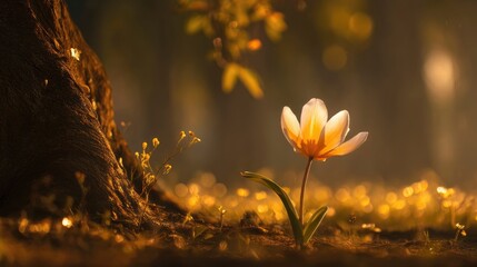 A radiant tulip blooming under an enchanted tree casting ethereal golden light on its petals