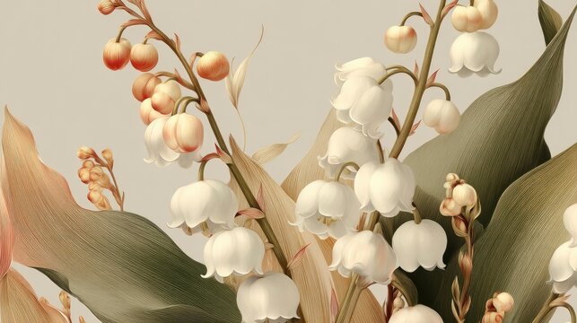 A refined floral illustration of Lily of the Valley blooms with a graceful and subtle glow
