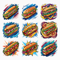 Colorful Sub Sandwich Clipart Set, t-shirt designs, digital art, and merch. High-quality, colorful fast food clipart bundle for creatives and designers