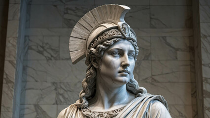 Ancient Greek Marble Sculpture of Athena: Iconic Female Warrior Statue with Detailed Helmet in Museum Exhibition