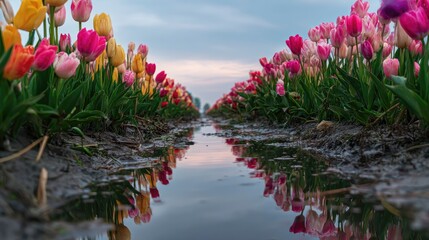 A romantic rainy tulip meadow with reflections forming in tiny puddles between rows of flowers