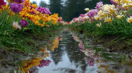 A romantic rainy tulip meadow with reflections forming in tiny puddles between rows of flowers