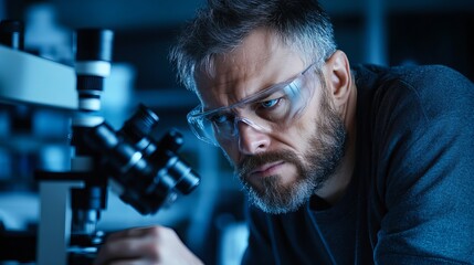Scientist looks intently at microscope while wearing protective eyewear in a research laboratory setting.
