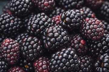 Fresh Blackberries Closeup for Food Background. Macro shot of ripe blackberries showing juicy texture and rich color, ideal for food, nutrition, and health-themed visuals